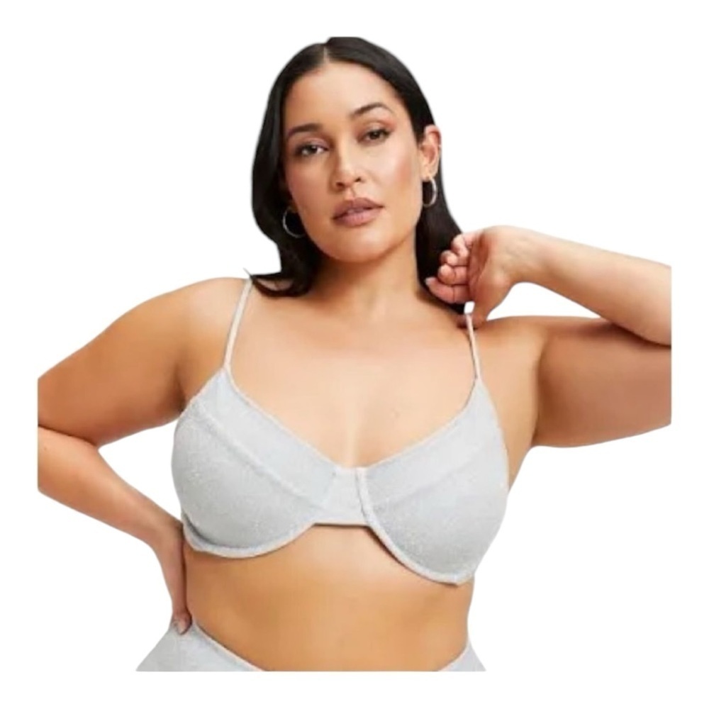 Good American Sparkle Demi Bra Bikini Top in Silver NWT